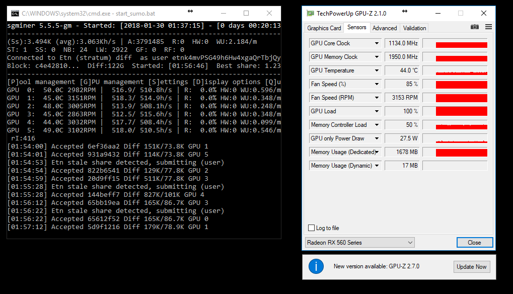 AMD Radeon RX560 2 / 4GB Ethereum (ETH) mining Hashrate in Mh/s